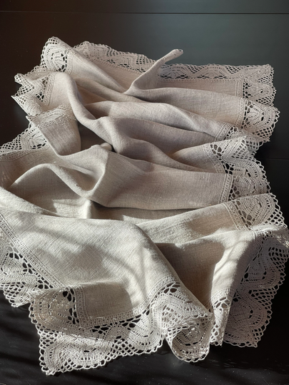 Rustic Linen Table Runner Grey Vintage Stonewashed Farmhouse Runners 4 Sided Natural Grey Lace