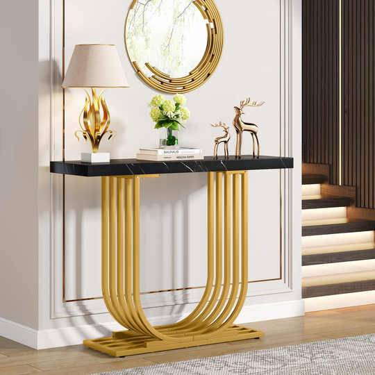 40 Inch Modern Faux Marble Entryway Table, Foyer Table, Narrow Sofa Accent Table with Geometric Metal Legs