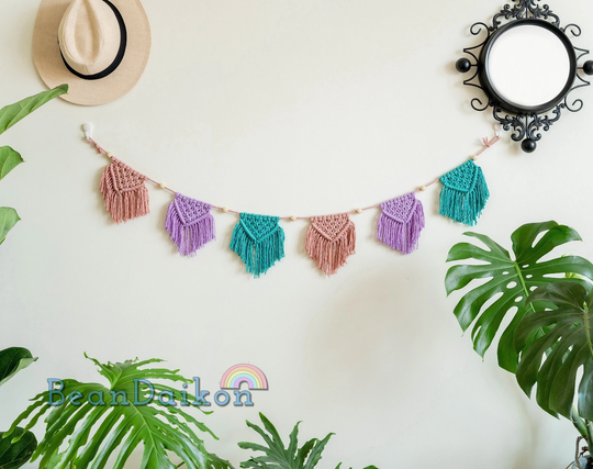 Colorful Bunting Garland, Macrame Flag, Handmade Party Supplies, Baby Room Decor, Mid Century Modern, Play Decor