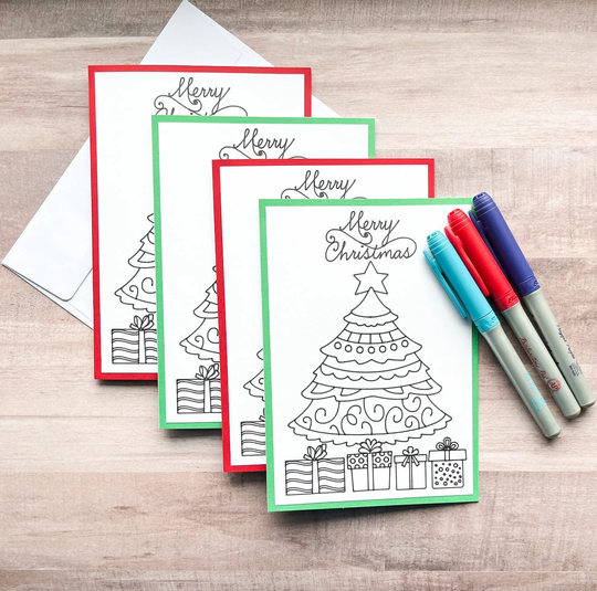 Set Of 4 Color Your Own Christmas Cards, Coloring Diy Cardmaking Kit, Holiday Activity For Kids, Tree