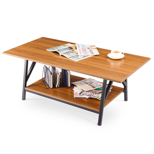Coffee Table with Storage Shelf, Industrial Farmhouse Side Table with Metal Legs, Low 1'6" A Frame Wooden Accent Table