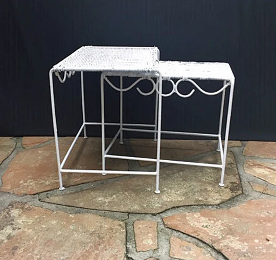 Vintage Iron Wicker Table 2 Nesting Tables Stacking White Woven Patio Indoor Outdoor Mid Century Distressed Paint Furniture Industrial