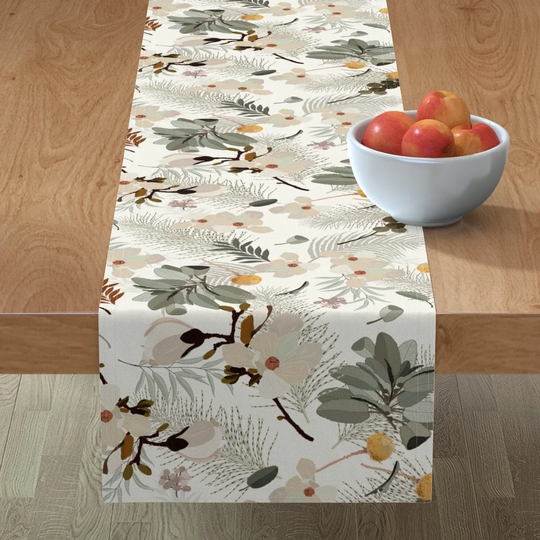 Magnolia Floral Table Runner - Ella Cream By Onesweetorange White Flowers Sage Green Fern Leaves Cotton Sateen Spoonflower