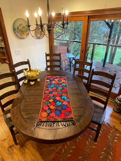 Mexican Table Runner, 4' Long, Floral Design, Chiapas Embroidered Mexico Woven Bed Runner