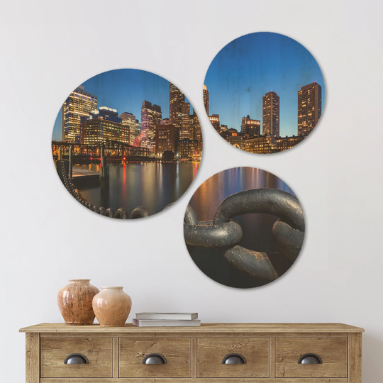 Designart 'Boston Skyline at Dusk' Cityscape Wood Wall Art Set of 3 Circles - Multi-Color