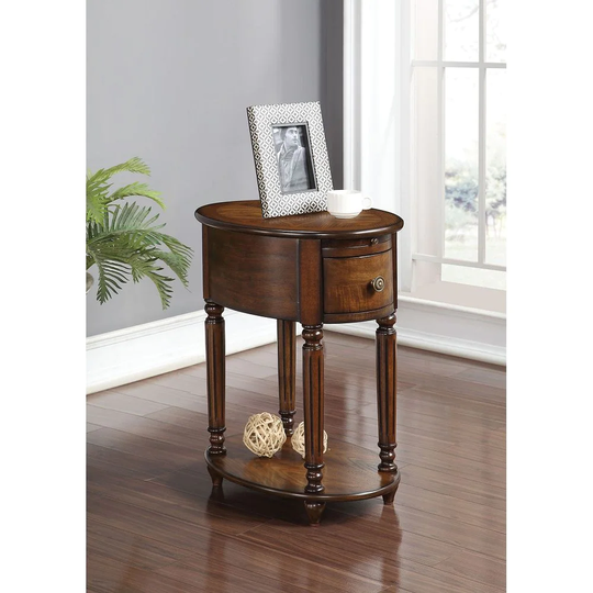 Oval Side Table w/Tray, Drawer & Bottom Shelf in Dark Oak,Transitional Style