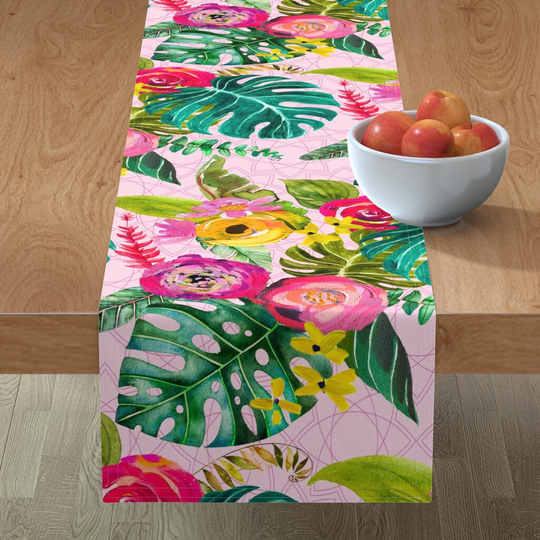 Tropical Monstera Table Runner - Boho Floral By Theartwerks Green Pink Jungle Cotton Sateen Spoonflower