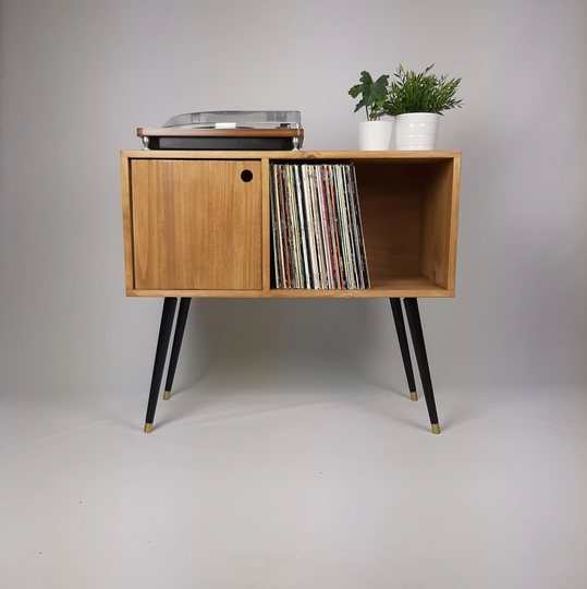 Oak Sideboard | Solid Wood Vinyl Record Storage Mid Century Modern Medium Cabinet With Brass
