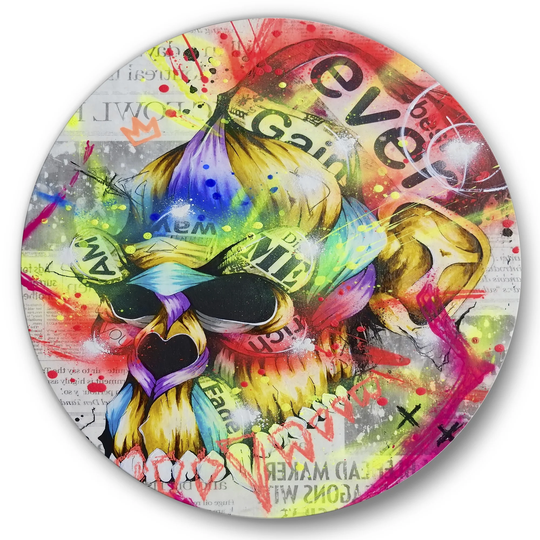 Designart 'Neon Colorful Blossoming Skull' Modern & Contemporary Metal Circle Wall Art