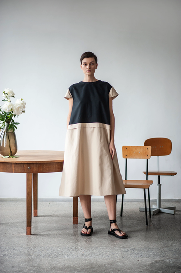 Midi Two Colors Cotton Dress, Summer Short Sleeves Wide Loose Fit A Silhouette Long Dress For Women