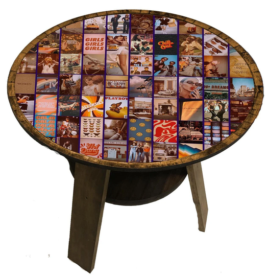Small End Table Retro Pop Culture Collage | Album Cover Art, Vintage Ads & Ephemera Handmade Furniture