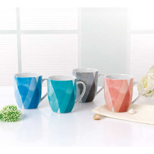 4PCs 12oz Barrel Shape Stonelain Mugs Set, with Full Geometric Decal in Multi Colors