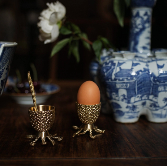Handmade Brass Egg Cup - Egg Cup Animal Design Art Table Set Of 2 in Box