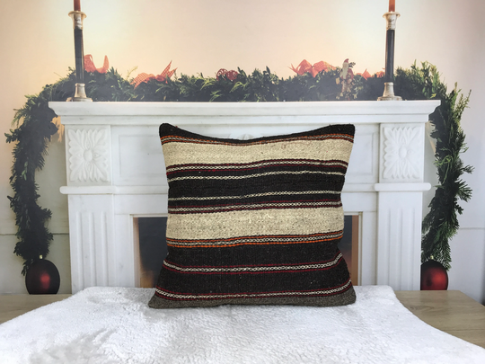 striped Kilim Pillow, Handwoven Sofa Anatolian Outdoor Wool Cushion 20x20 Home Decor 3115
