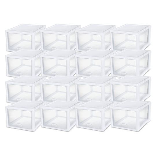Sterilite 27 Quart Clear & White Plastic Storage Bin with One Drawer, 16 Pack - 4