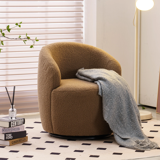 Small Swivel Accent Armchair Barrel Chair, Teddy Fabric, Coffee Brown