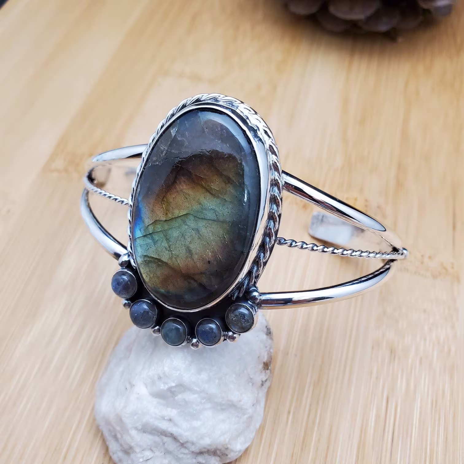 Big Clustered Labradorite Bracelet Cuff | Silver Sterling Labradortie Southwest Made in Usa