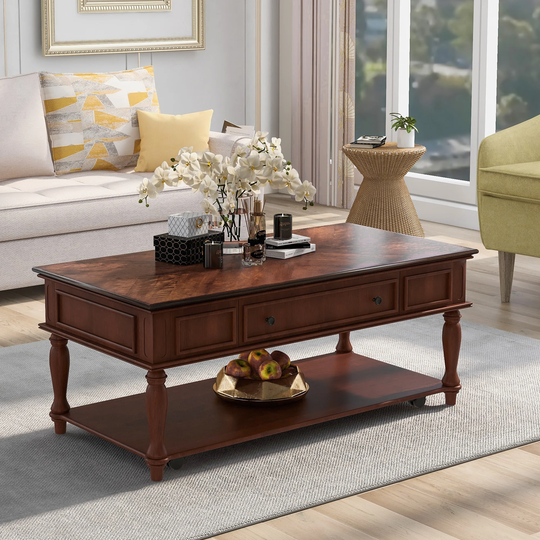 Retro Table Coffee Table Easy Assembly Movable with Caster Wheels