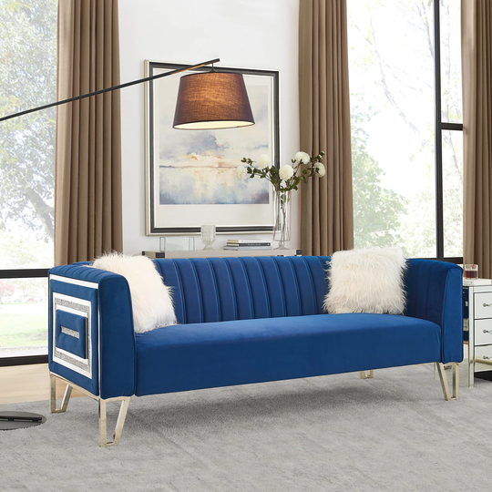 3-seater Sofa Velvet Padded Couches with Mirrored Side Trim and White Villose Pillow
