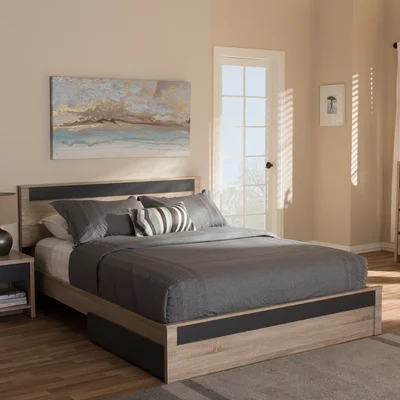 Eccleston Modern And Contemporary Two-Tone Oak And Grey Wood Queen 2-Drawer Queen Size Storage Platform Bed