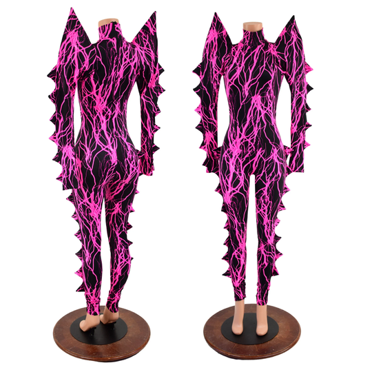 Pink Uv Glow Lightning Print Spiked Mega Sharp Shoulder Turtleneck Neck Back Zipper Catsuit -1579243