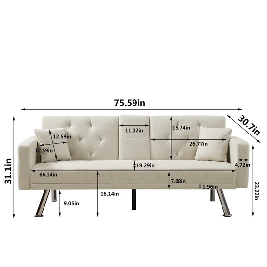 Square arm armrests,linen convertible sofa