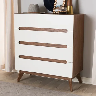 Bolesworth Mid-Century Modern White And Walnut Wood 4-Drawer Storage Chest