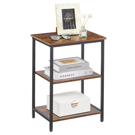 Industrial End Table With 3-Tier Wood Storage Shelf, Nightstand Sofa End Side Table Storage Display Shelf