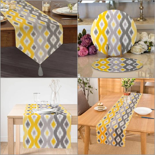 Ikat Design Placemat & Table Runner|Geometric Top|Set Of 2 Supla Mat|Round American Service Dining Underplate & Coasters