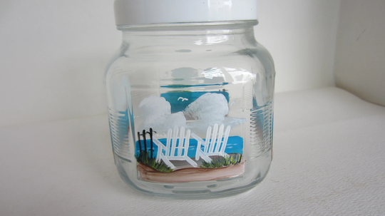 Beach Chair Scene Small Storage Jarhand Painted Glass Square Jar Plastic Screw Fitting Lid