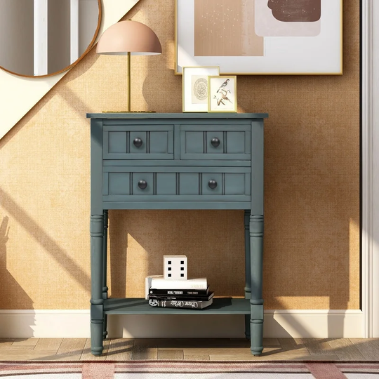 Console Table with Three Storage Drawers and Bottom Shelf,Navy
