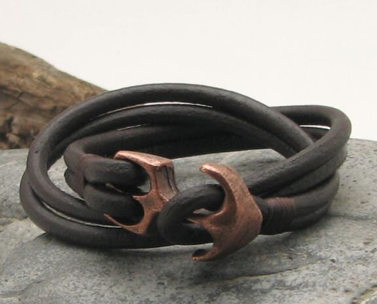 Gift For Him, Her, Unisex Leather Bracelet. Dark Brown Wrap Bracelet With Copper Plated Anchor Clasp