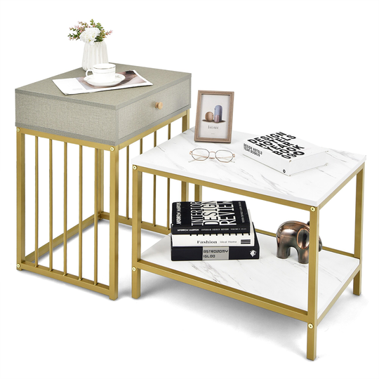 Costway Set of 2 Nesting Coffee Table Drawer Shelf Modern Sofa Side