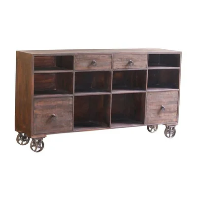 72 Inch Rustic Retro Sideboard Standing Shelves On Wheels With Drawers