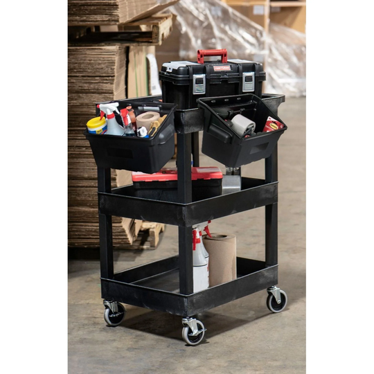 Offex 24" x 18" Plastic Utility Tub Cart - Three Shelves with Outrigger Utility Cart Bin