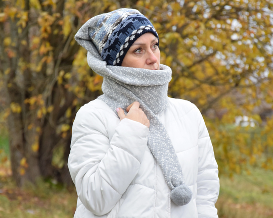 Long Hat Knitted Scandinavian Woolen Winter Hat With Reindeer Nordic Icelandic Fair Isle Pattern Beanie Deer & Scarf in One