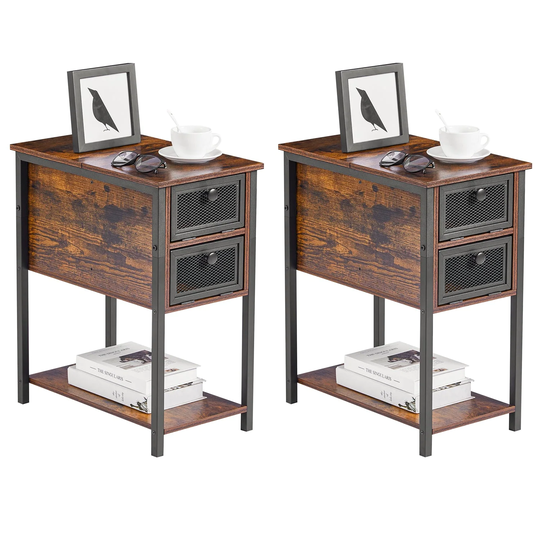 Set of 2 Flip Top Side Table with 2-Drawer and Wood Shelf ,Slim Sofa Table, Rustic Brown