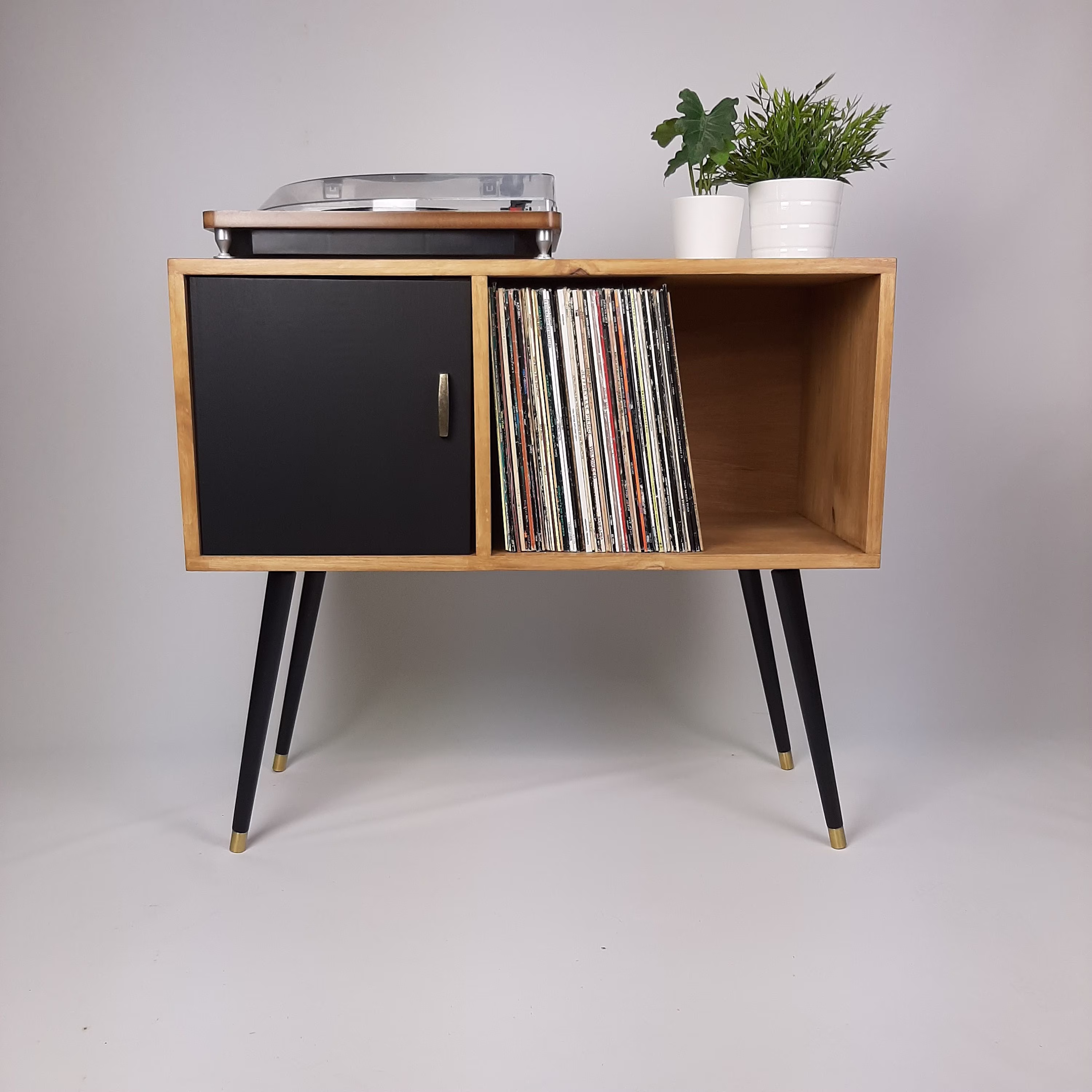 Oak Sideboard | Black Legs & Door With Vintage Brass Handle Vinyl Record Storage