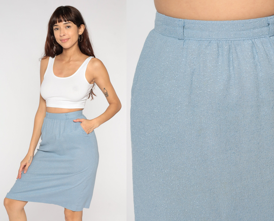 Sparkly Blue Skirt 80S Pencil Retro High Waisted Wiggle Knee Length Simple Chic Secretary Vintage 1980S Petite Extra Small Xs