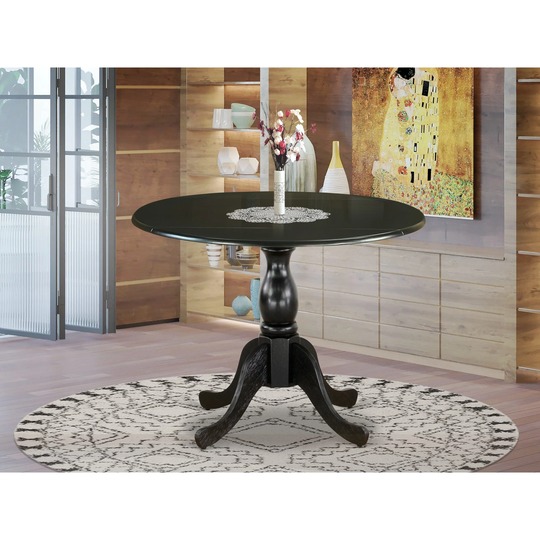 DST-BLK-TP - Round Dining Table with Drop Leaves - Black Table Top and Black Pedestal Leg Finish - Multi