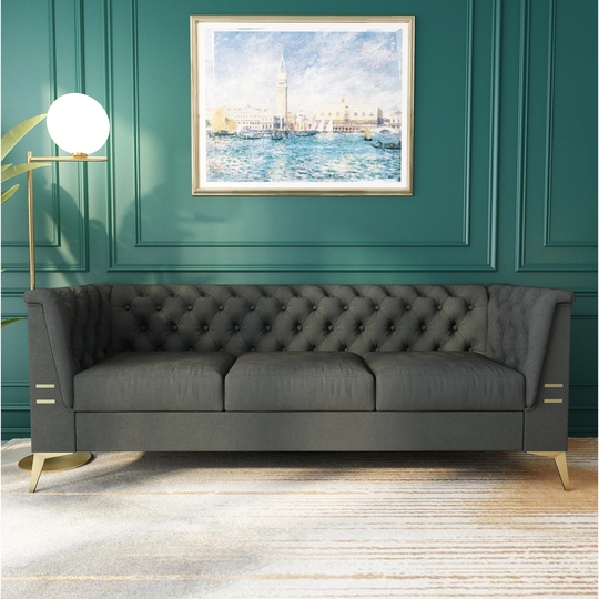 82.67" Modern Style Velvet Flared Arm Sofa 3 Seat Sofa with Square Arms & Tufted Seat & Back Cushion