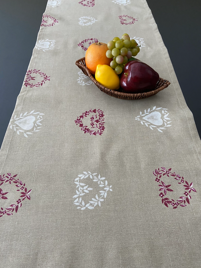Table Runner Heart On Beige Cotton Linen 57 Inches