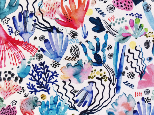 Coral Reef Watercolor Quilting Cotton Fabric By 1/2 Yard Or Fat Quarter, Under The Sea Seagrass Plant Jellyfish
