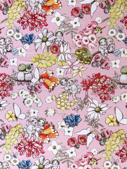 May Gibbs Gumnut Babies Friends Pink Floral Quilting Organic Cotton Fabric By 1/4, 1/2 Yard Or Fat Quarter, Australian Native