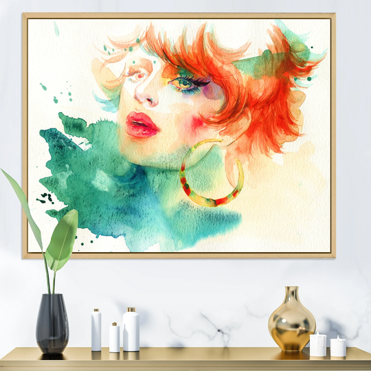 Designart 'Colorful Model Woman Portrait' Glam Framed Canvas artwork