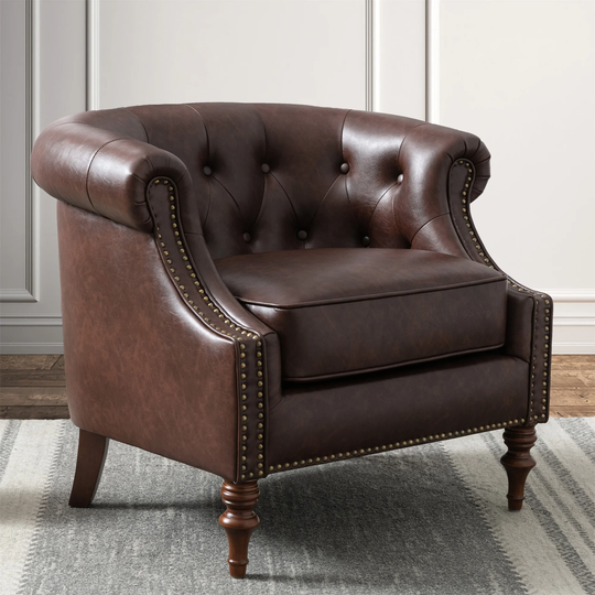 Mid-Century Modern Button Tufted Leather Accent Chair with Nailheads - 35"Wx32"Dx31"H