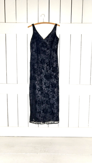 90S Vintage Black Velour Glitter Lace Floral Long Pencil Sleeveless Dress