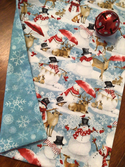 Snowman Table Runner Christmas Sheltering Snowman Woodsy Animals Country Decor