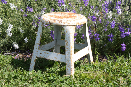 Vintage Metal Milking Stool Chair Rusty White Painty Peely Farmhouse Cottage Chic Coastal French Country Photo Prop Display Lodge Rustic