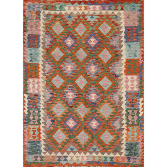 Colorful Southwestern Kilim Oriental Area Rug Hand-woven Wool Carpet - 5'2" x 6'6"